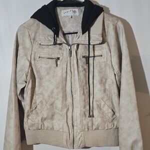 Stylish Tan Bomber Jacket with Black Hood